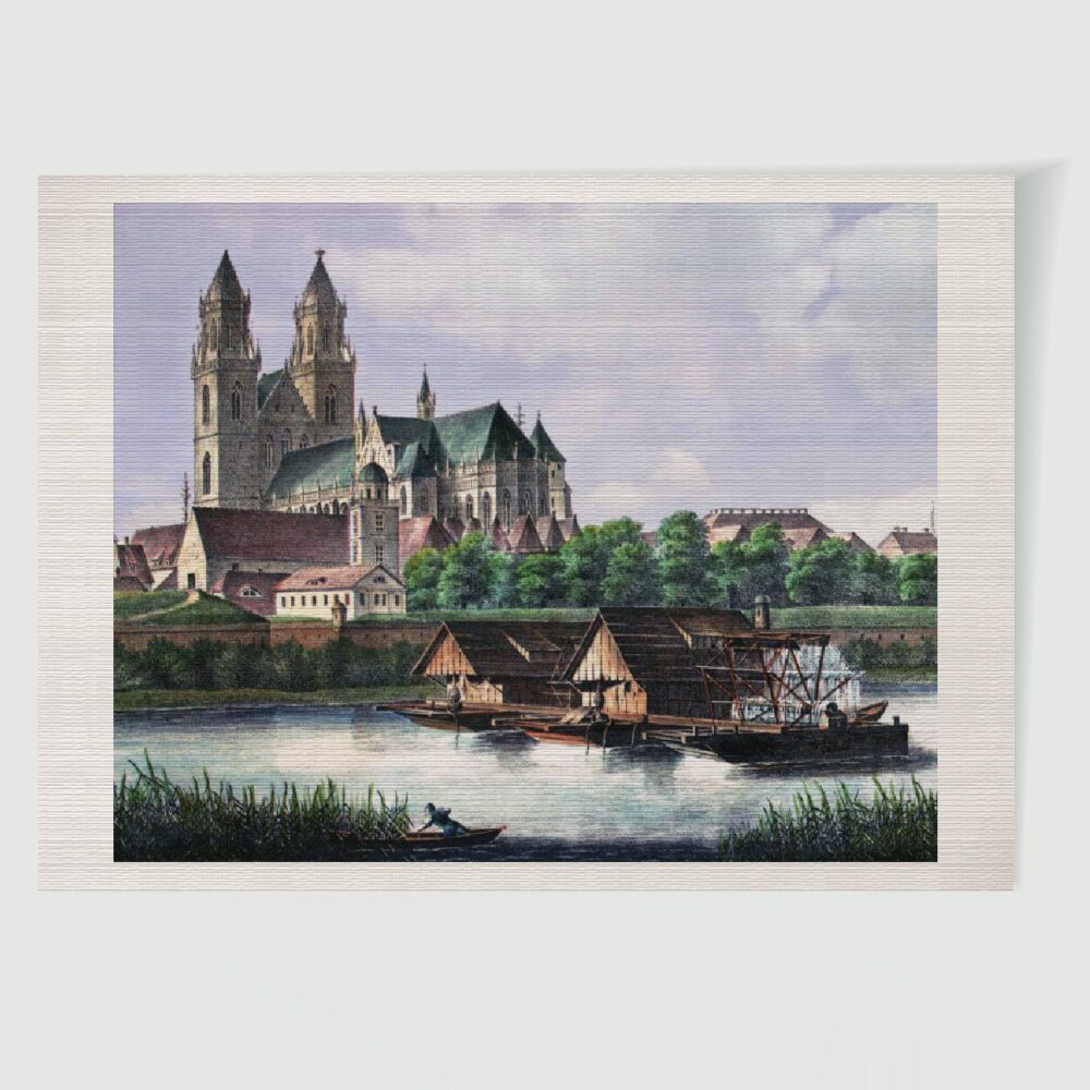 Magdeburger Dom mit Schiffmühlen – Historischer Stahlstich 1860 als Kunstdruck