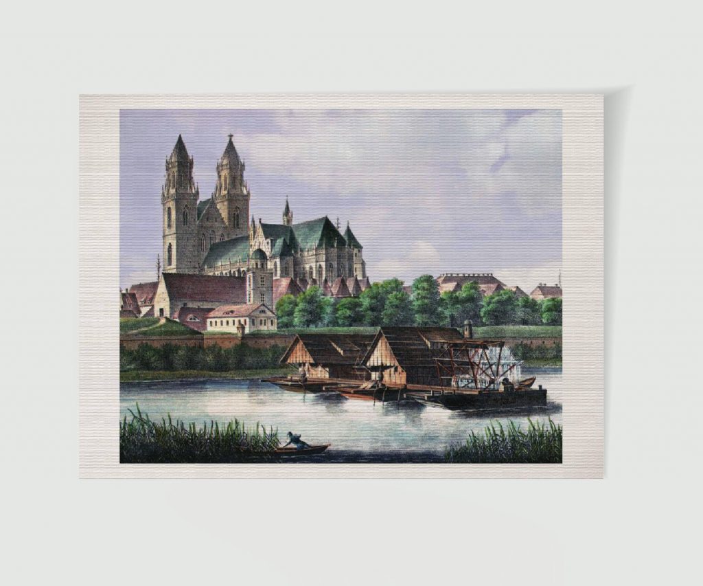 Der Dom mit den Schiffmühlen auf der Elbe – Stahlstich aus Paynes Universum