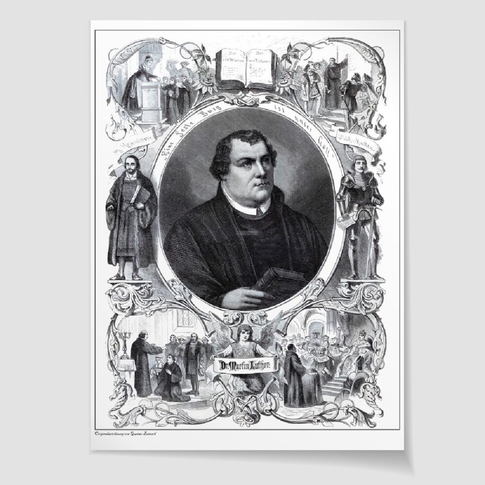 Martin Luther Lebensweg Jubiläumsblatt Plakatdruck ca. 70 x 50 cm (Stahlstich, Kunstdruck) – Detailansicht, historischer Stich 19. Jh. als Kunstdruck