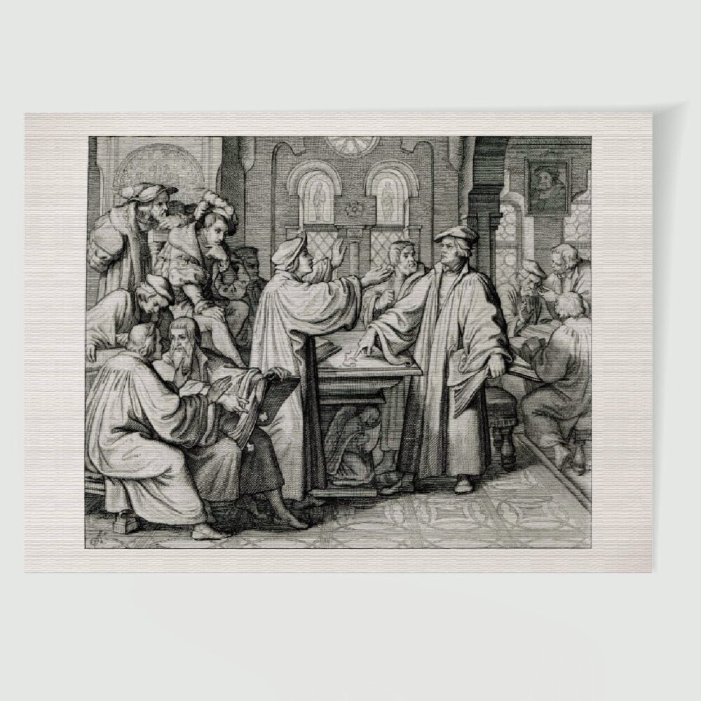 Martin Luther Marburg Gespräch mit Zwingli – Historischer Kupferstich 1850 als Kunstdruck