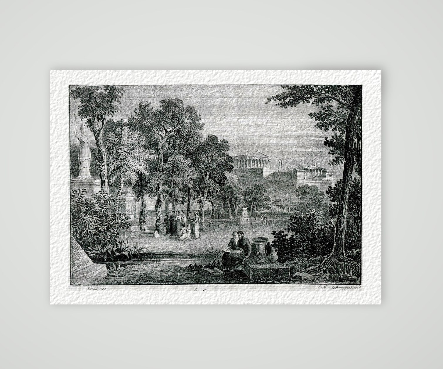 Athen Akademie Sokrates und Platon – Historische Lithographie 19. Jh. als Kunstdruck – auf Hahnemühle-Büttenpapier