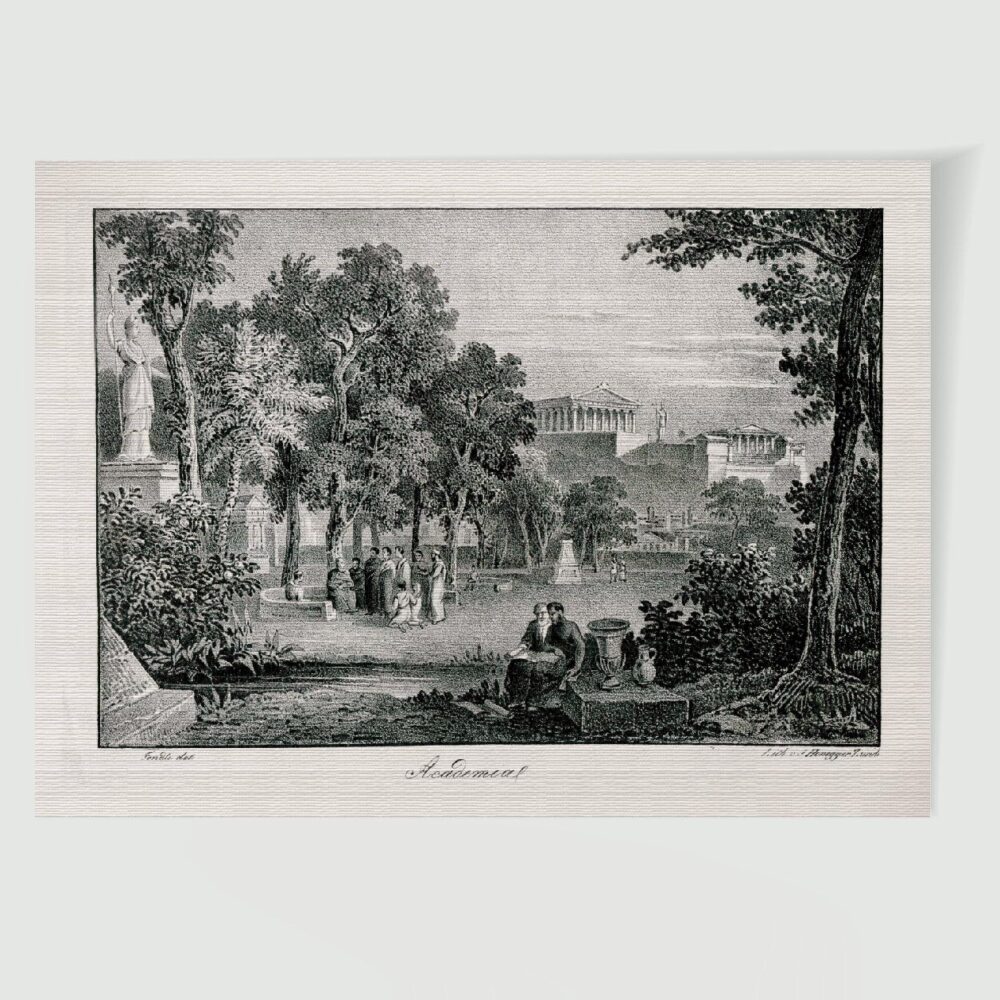 Athen Akademie Sokrates und Platon – Historische Lithographie 19. Jh. als Kunstdruck