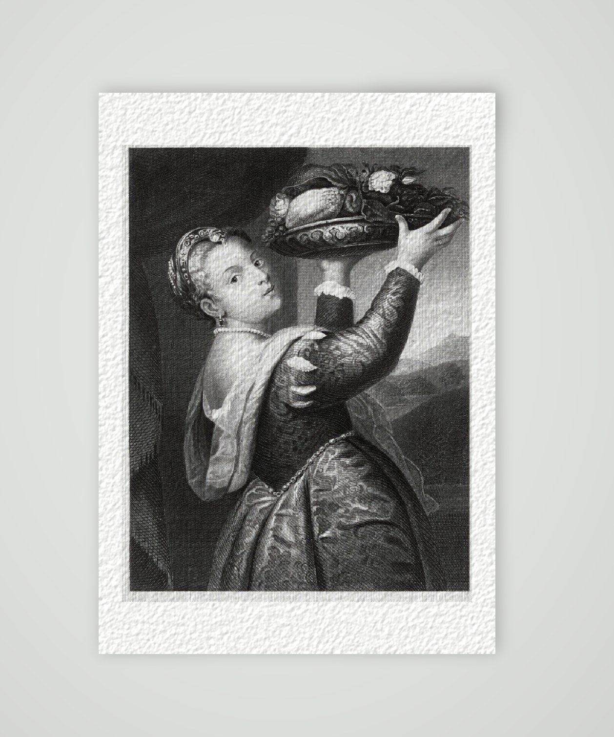 Titzians Tochter Lavinia Tochter mit Obstschale – Historischer Stahlstich 1870 als Kunstdruck – auf Hahnemühle-Büttenpapier