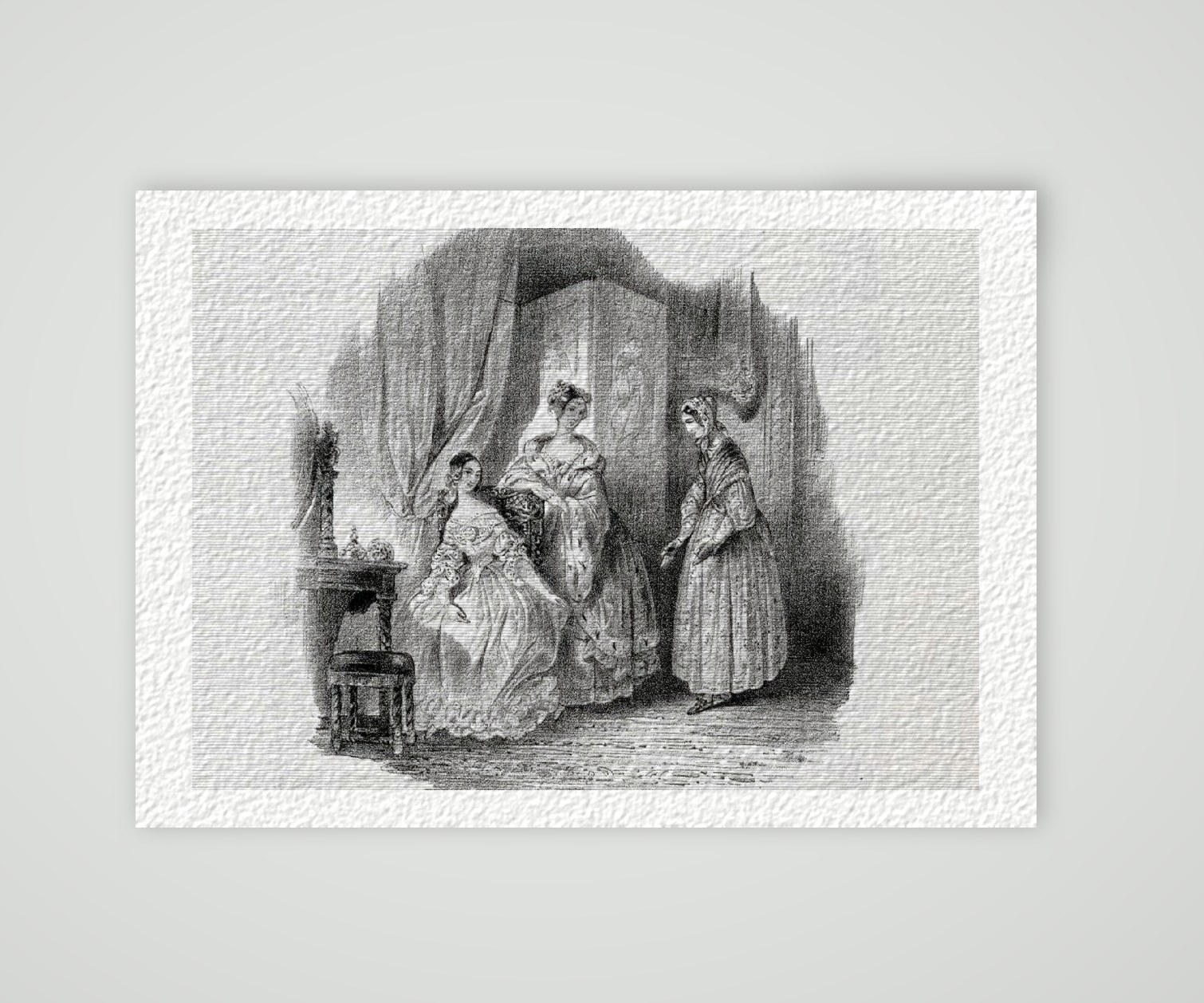 Drei Damen im Gespräch Genrebildnis – Historische Lithographie 19. Jh. als Kunstdruck – auf Hahnemühle-Büttenpapier