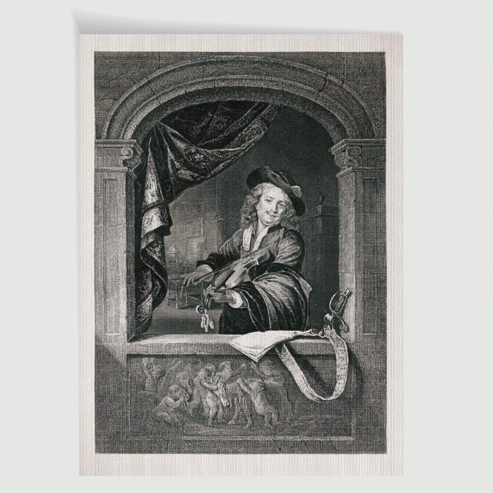 G. Doro Maler Selbstbildnis mit Geige – Historischer Stahlstich 1870 als Kunstdruck