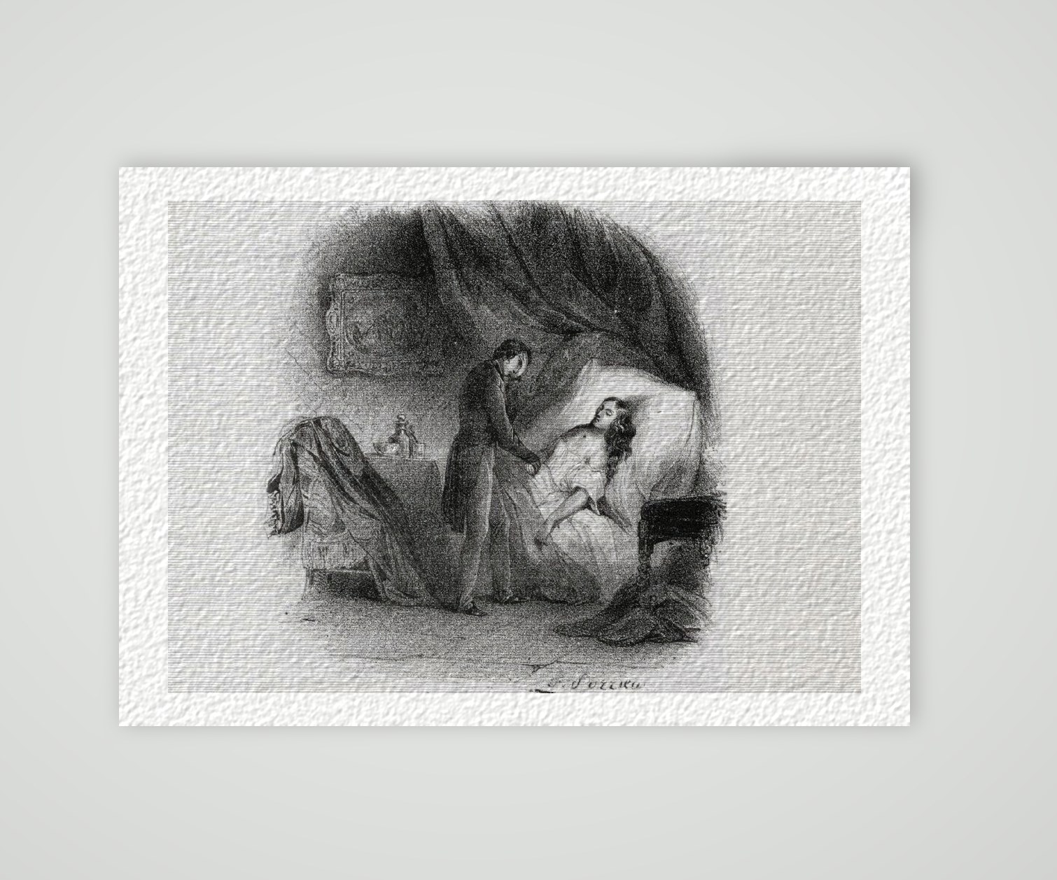 Trauer am Sterbebett Genrebildnis – Historische Lithographie 19. Jh. als Kunstdruck – auf Hahnemühle-Büttenpapier