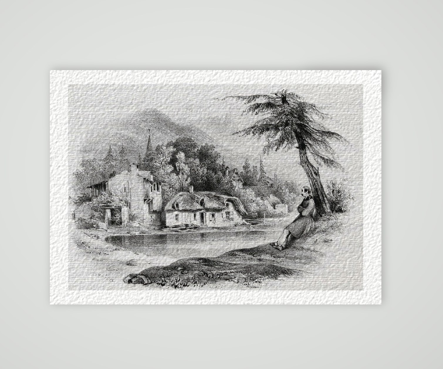 Träumerei am See Genrebildnis – Historische Lithographie 19. Jh. als Kunstdruck – auf Hahnemühle-Büttenpapier