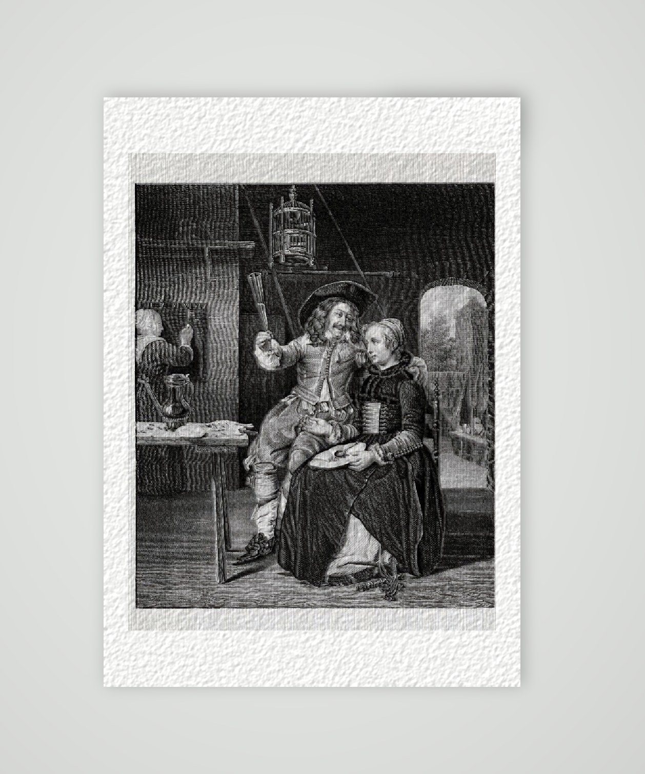 Gabriel Metzu Maler Metzu mit seiner Frau – Historischer Stahlstich 1870 als Kunstdruck – auf Hahnemühle-Büttenpapier