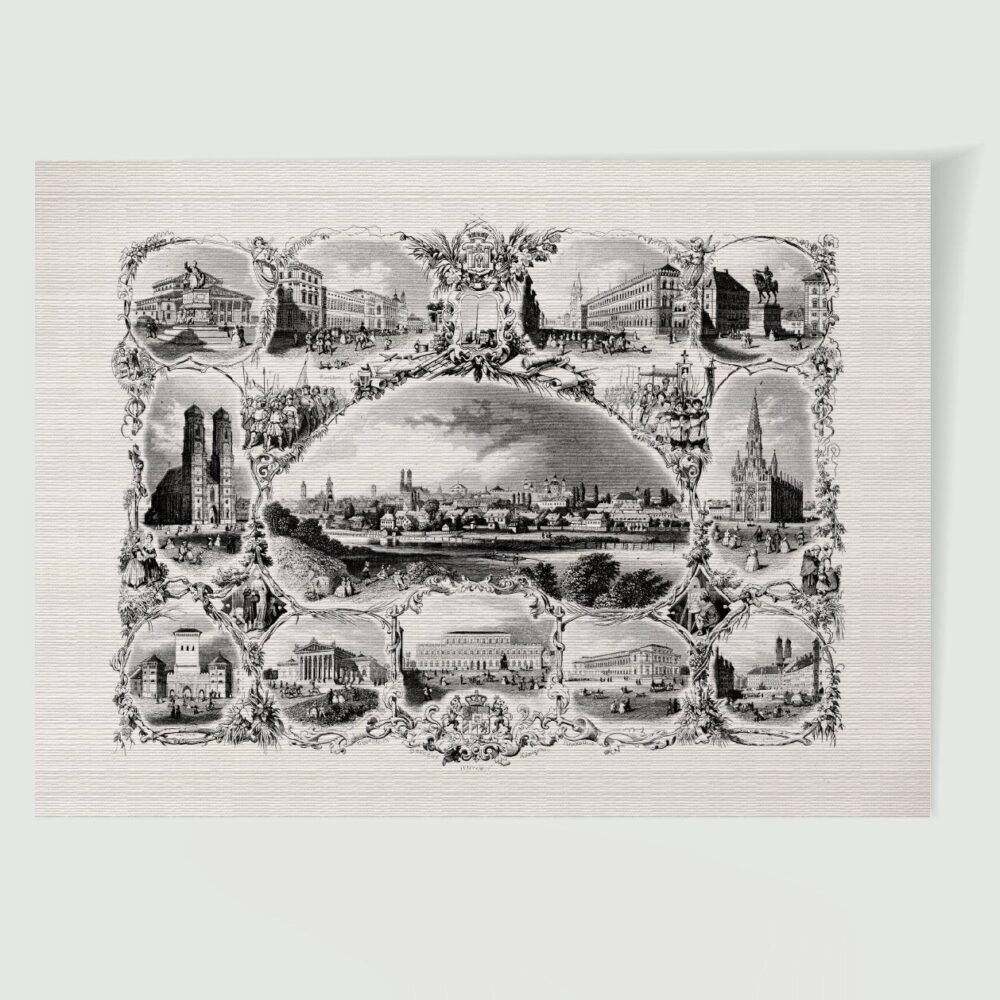 München Stadtansicht Souvenirblatt ca. 30 x 42 cm (Stahlstich, Kunstdruck) – Historischer Stahlstich 1850 als Kunstdruck