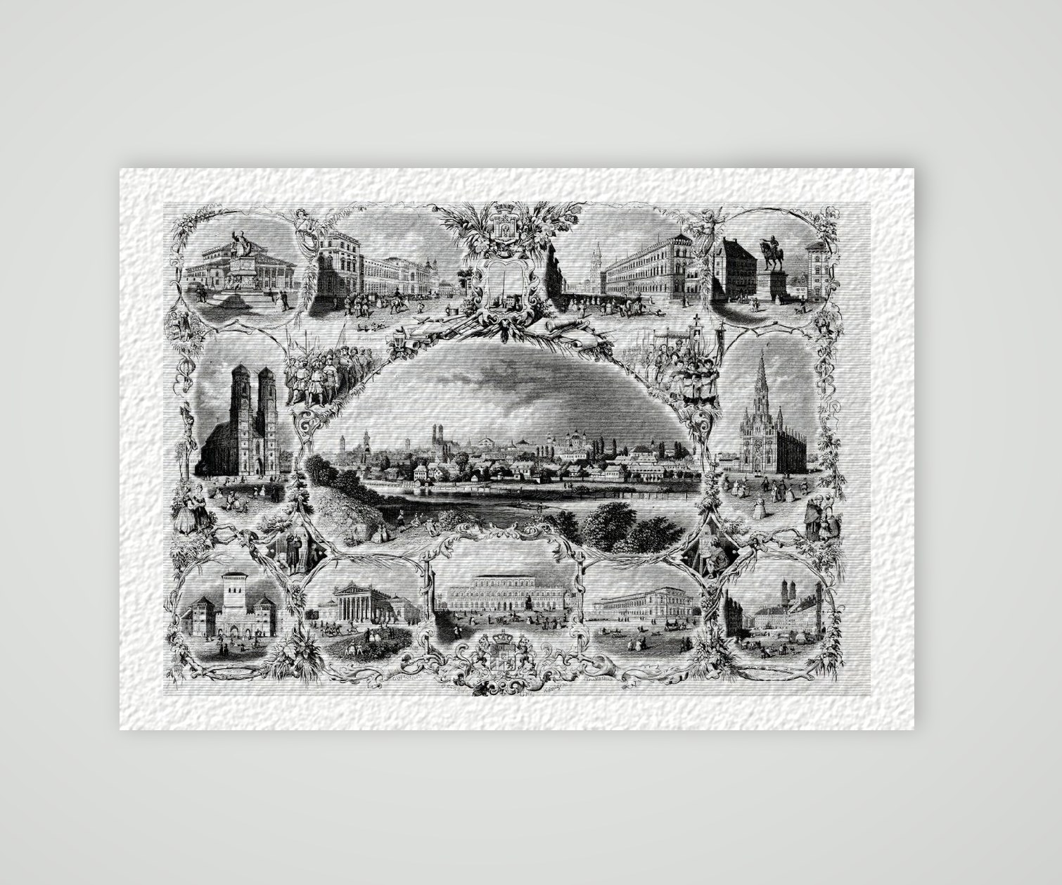 München Stadtansicht Souvenirblatt ca. 30 x 42 cm (Stahlstich, Kunstdruck) – Historischer Stahlstich 1850 als Kunstdruck – auf Hahnemühle-Büttenpapier