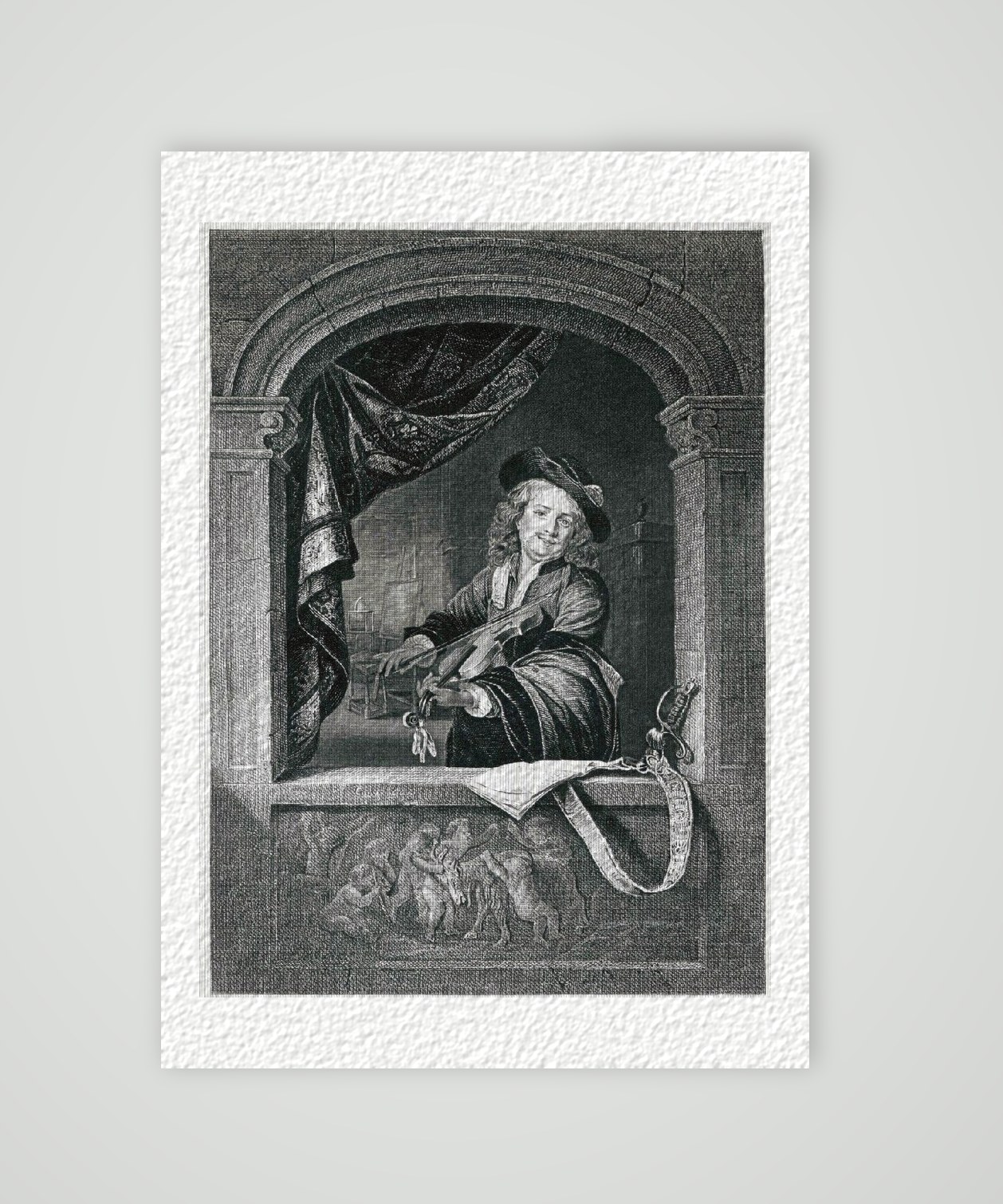 G. Doro Maler Selbstbildnis mit Geige – Historischer Stahlstich 1870 als Kunstdruck – auf Hahnemühle-Büttenpapier