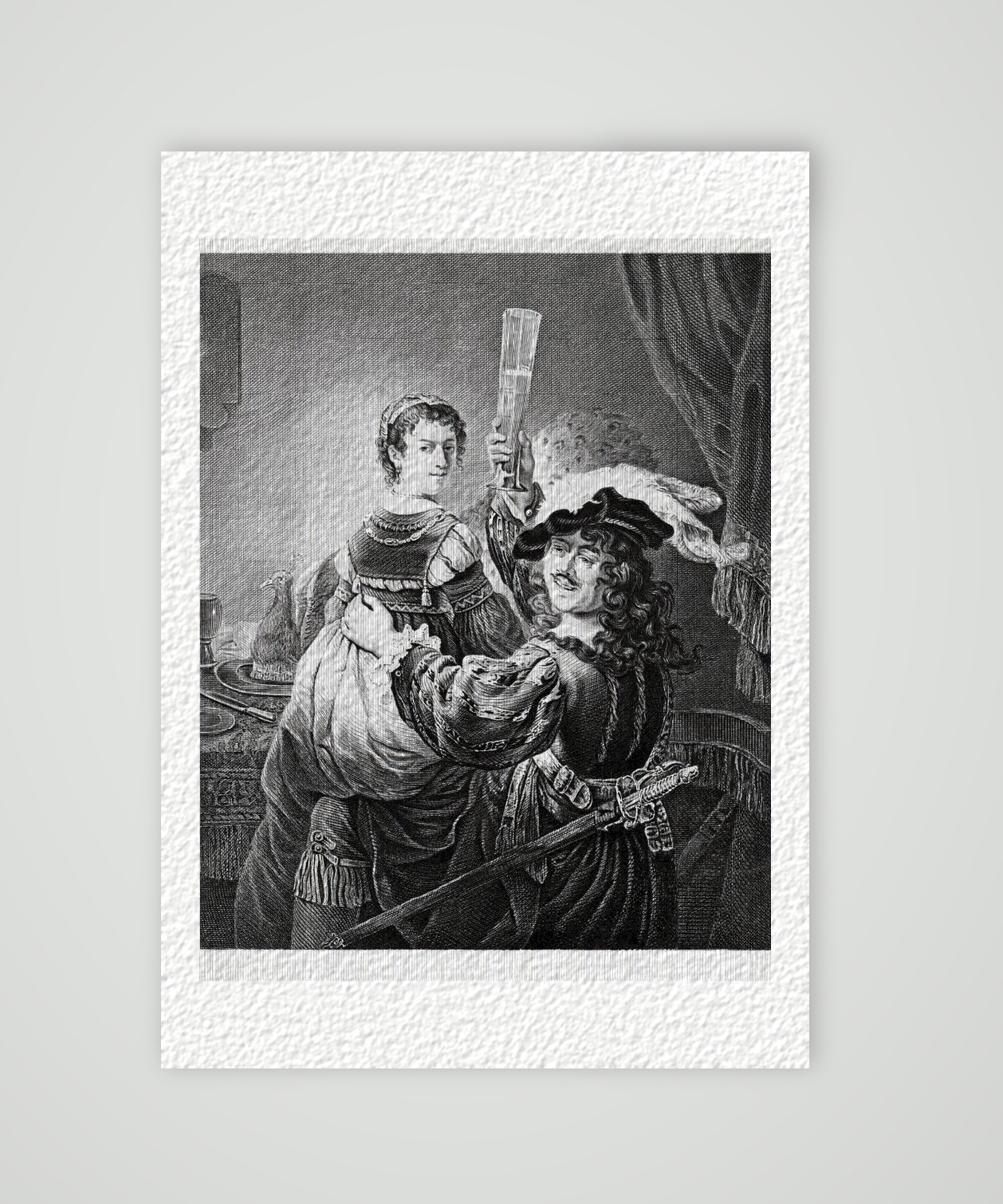 Rembrandt von Rijn Maler Rembrandt mit seiner Frau – Historischer Stahlstich 1870 als Kunstdruck – auf Hahnemühle-Büttenpapier