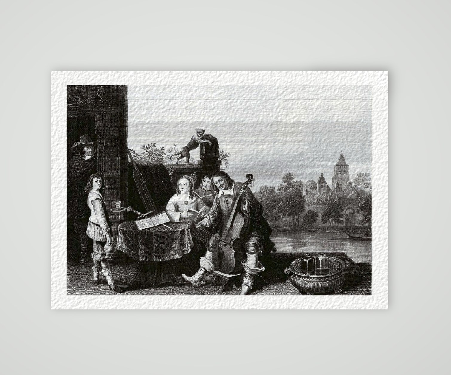 David Teniers Maler Teniers mit seiner Familie – Historischer Stahlstich 1870 als Kunstdruck – auf Hahnemühle-Büttenpapier