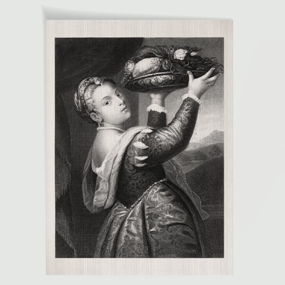Titzians Tochter Lavinia Tochter mit Obstschale – Historischer Stahlstich 1870 als Kunstdruck