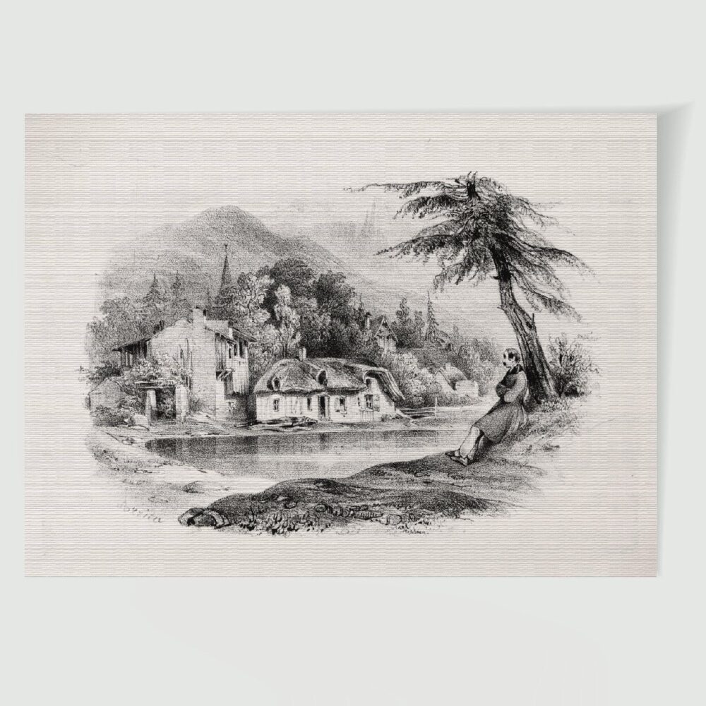 Träumerei am See Genrebildnis – Historische Lithographie 19. Jh. als Kunstdruck