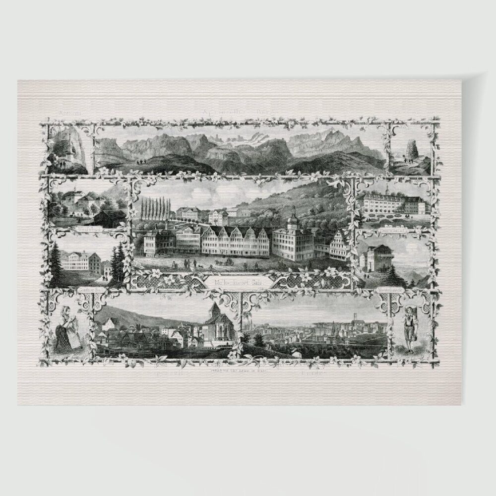 Appenzell Stadtansicht Souvenirblatt ca. 30 x 42 cm (Stahlstich, Kunstdruck) – Historischer Stahlstich 1860 als Kunstdruck
