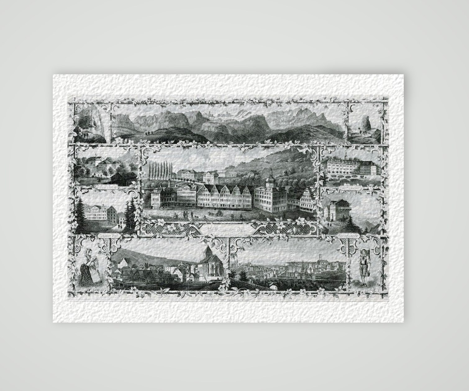 Appenzell Stadtansicht Souvenirblatt ca. 30 x 42 cm (Stahlstich, Kunstdruck) – Historischer Stahlstich 1860 als Kunstdruck – auf Hahnemühle-Büttenpapier