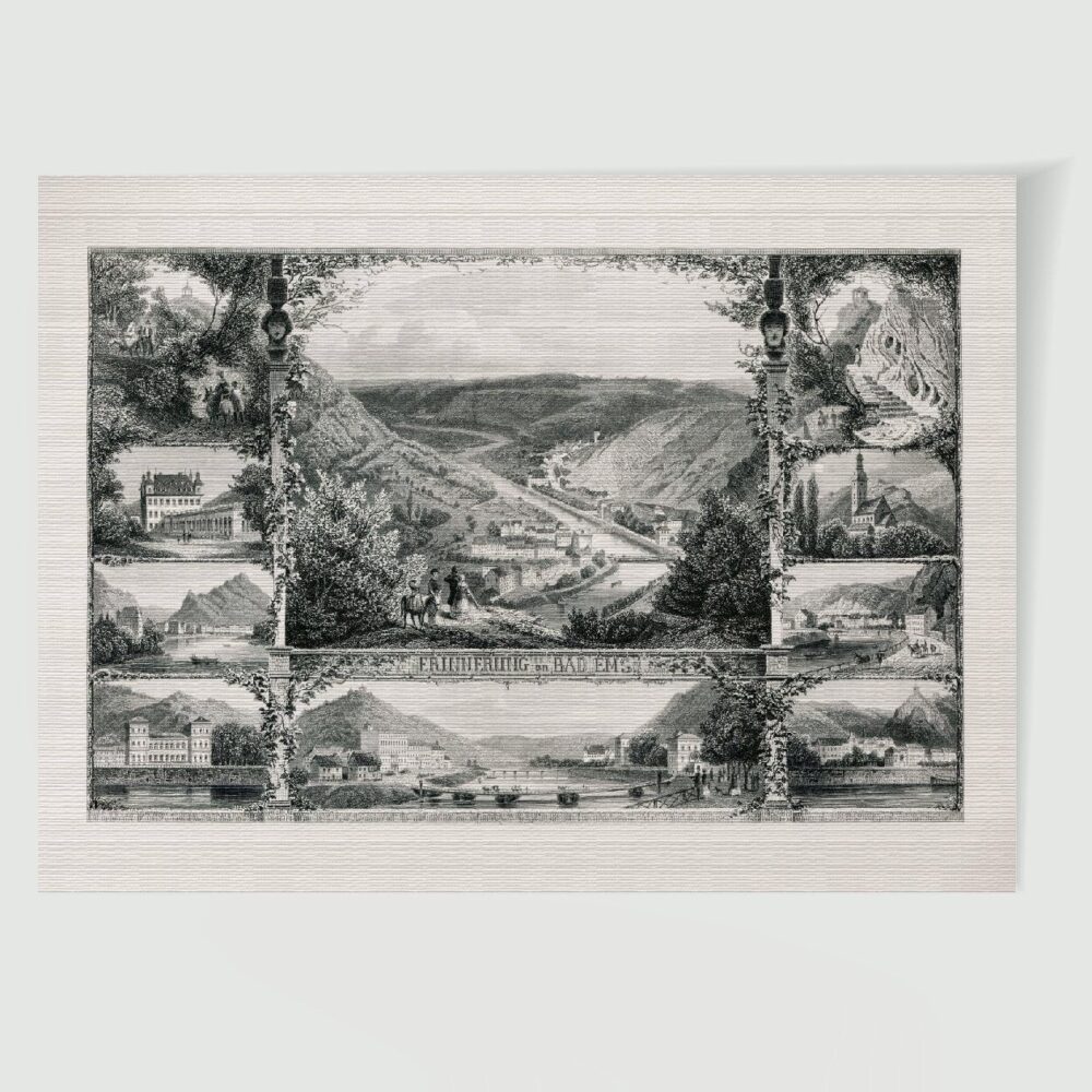 Bad Ems Stadtansicht Souvenirblatt ca. 30 x 42 cm (Stahlstich, Kunstdruck) – Historischer Stahlstich 1860 als Kunstdruck