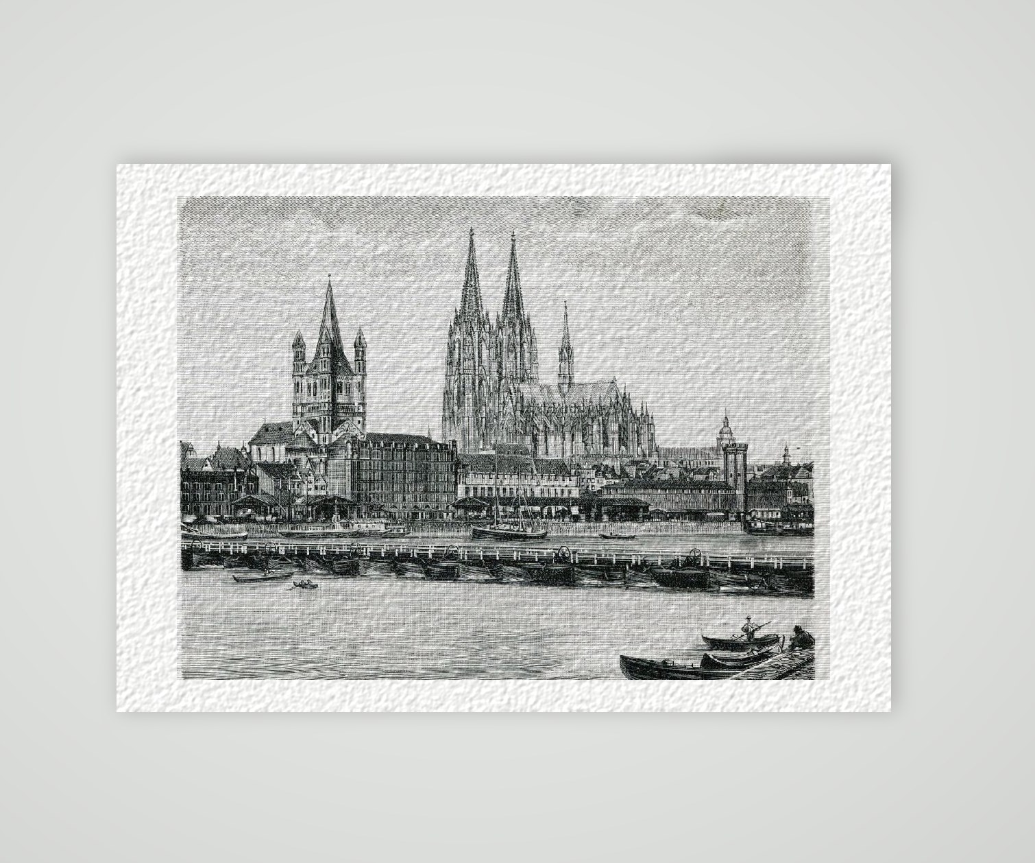 Köln Dom u. Rathaus Blick vom Rhein aus – Historischer Stich 19. Jh. als Kunstdruck – auf Hahnemühle-Büttenpapier