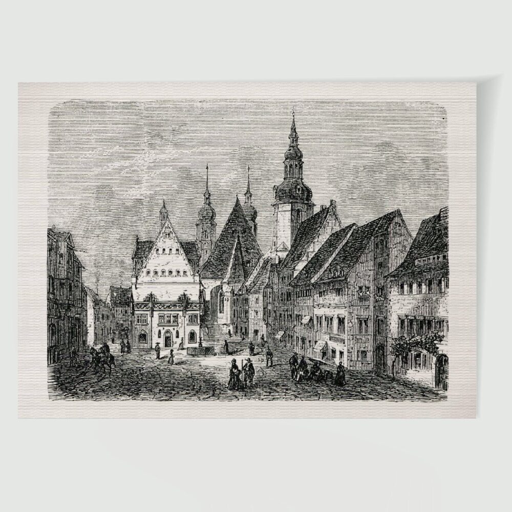 Eisleben Stadtansicht Marktplatz ca. 30 x 42 cm (Stahlstich, Kunstdruck) – Historischer Stahlstich 1870 als Kunstdruck