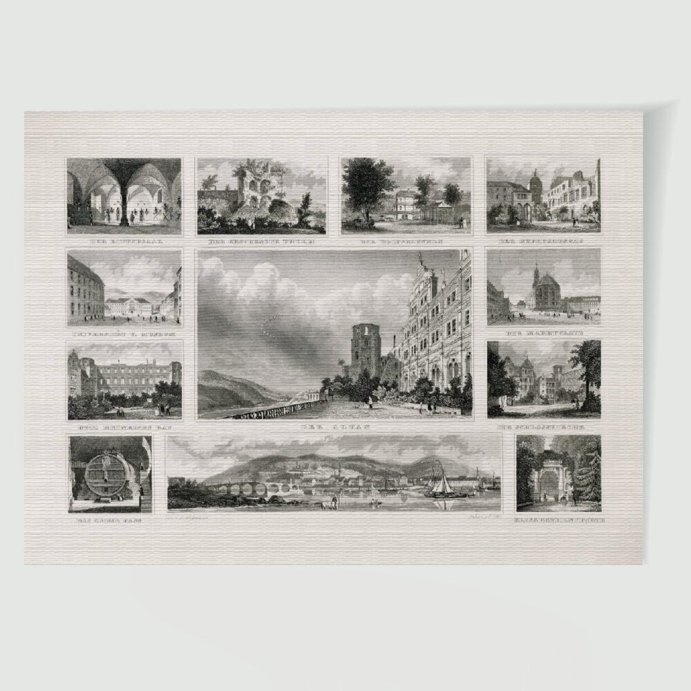 Heidelberg Stadtansicht Souvenirblatt ca. 30 x 42 cm (Stahlstich, Kunstdruck) – Historischer Stahlstich 1860 als Kunstdruck
