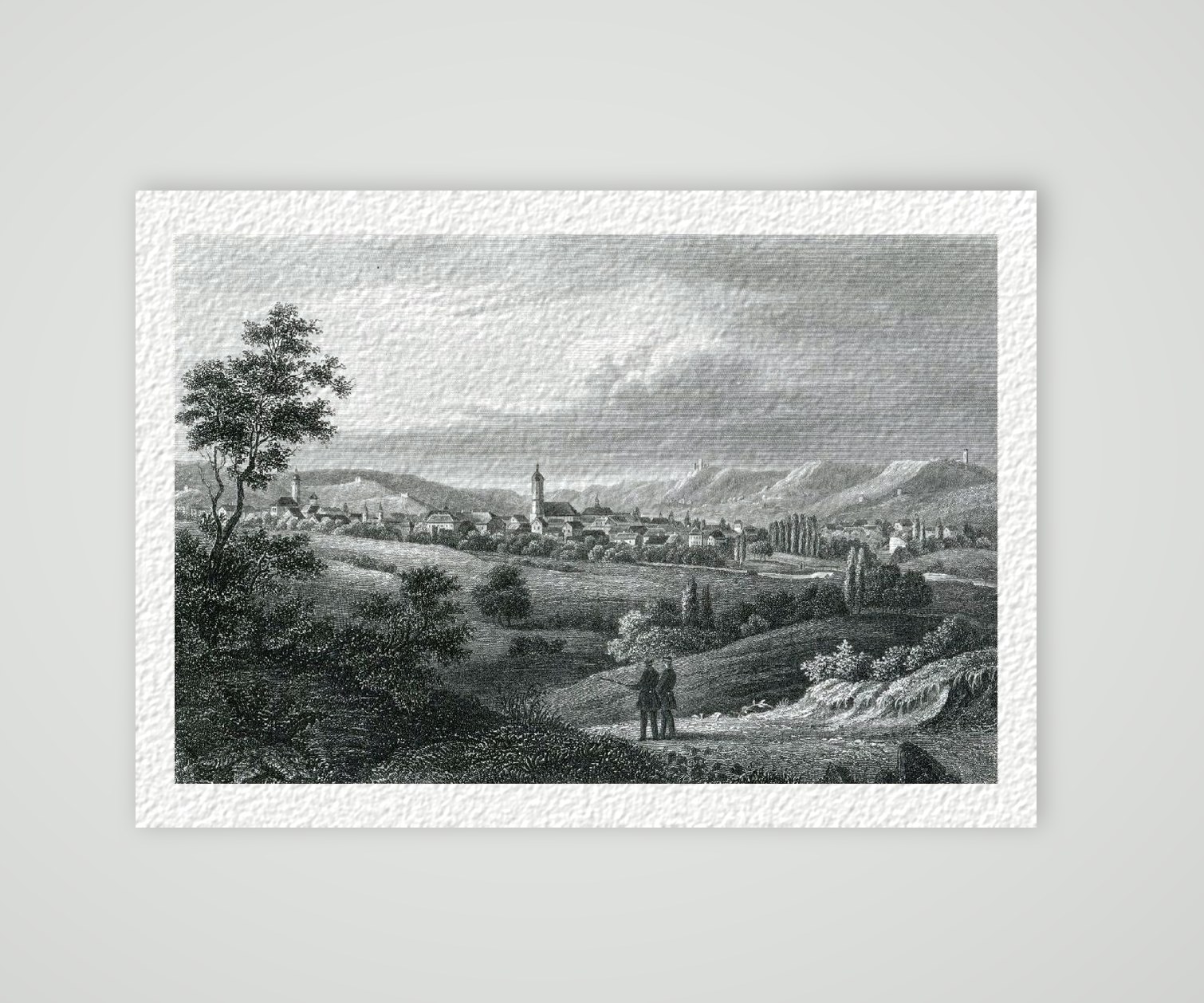 Jena Stadtansicht ca. 30 x 42 cm (Stahlstich, Kunstdruck) – Historischer Kupferstich 1850 als Kunstdruck – auf Hahnemühle-Büttenpapier