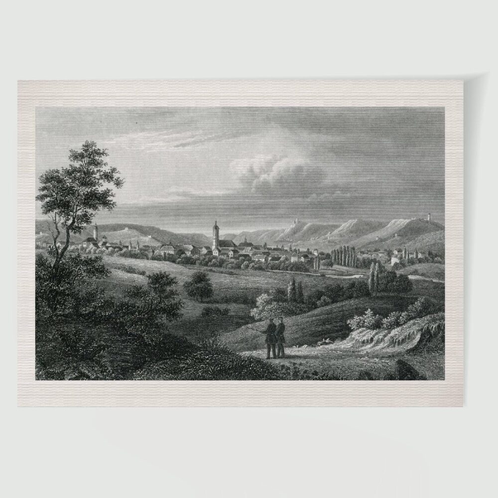 Jena Stadtansicht ca. 30 x 42 cm (Stahlstich, Kunstdruck) – Historischer Kupferstich 1850 als Kunstdruck