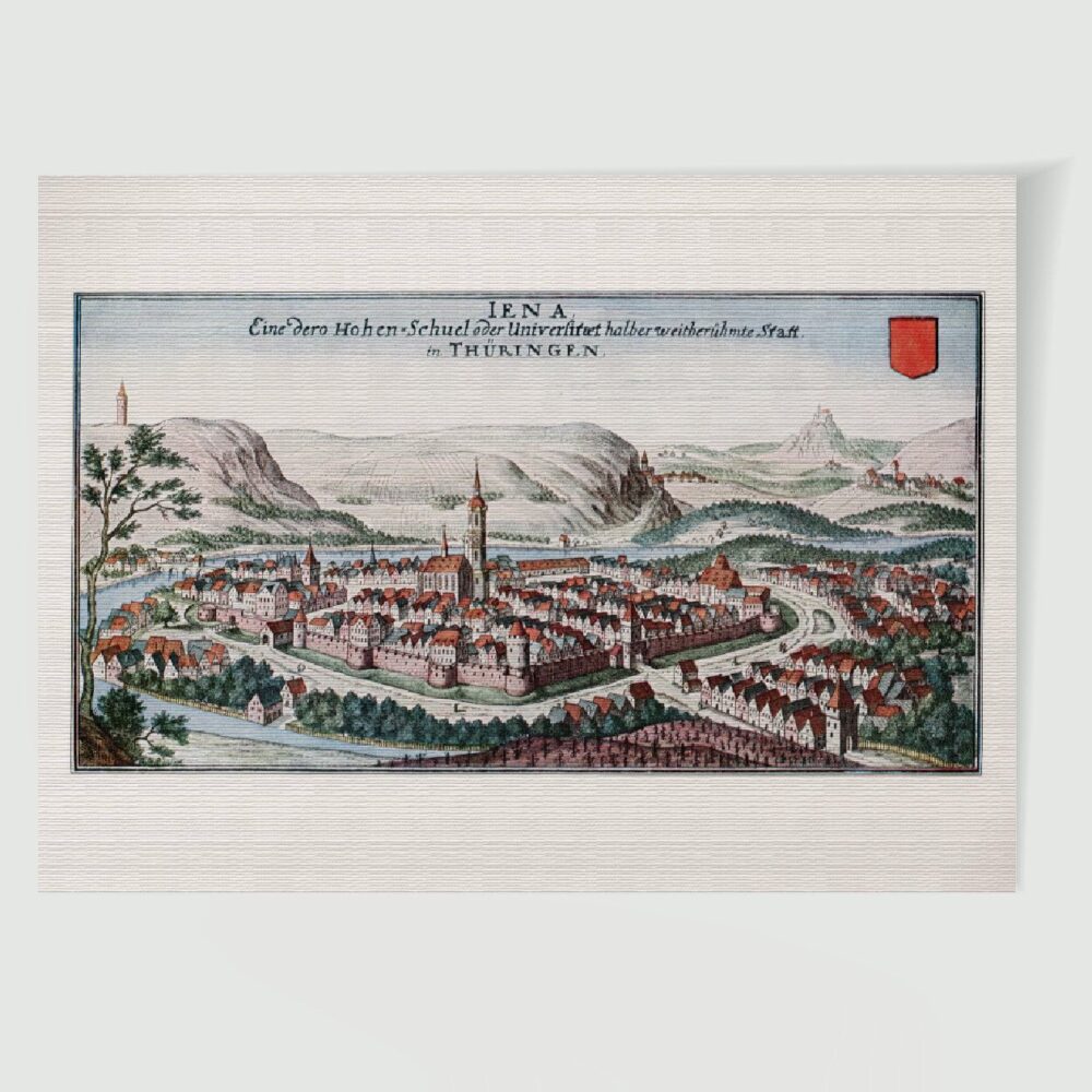 Jena Stadtansicht Stadtbild mit Wappen – Historischer Kupferstich 17. Jh. als Kunstdruck