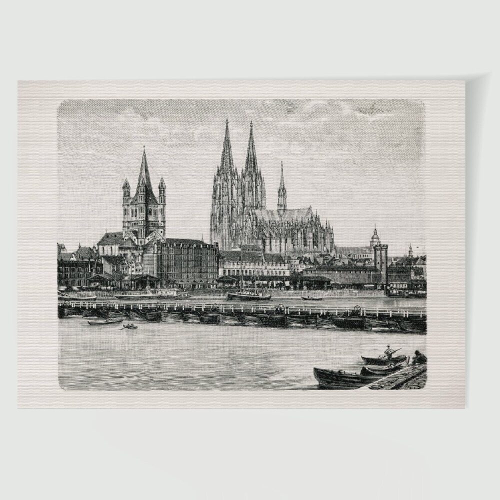 Köln Dom u. Rathaus Blick vom Rhein aus – Historischer Stich 19. Jh. als Kunstdruck