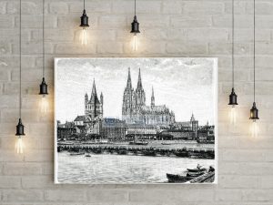 Köln Dom u. Rathaus Blick vom Rhein aus – Detailansicht, historischer Stich 19. Jh. als Kunstdruck