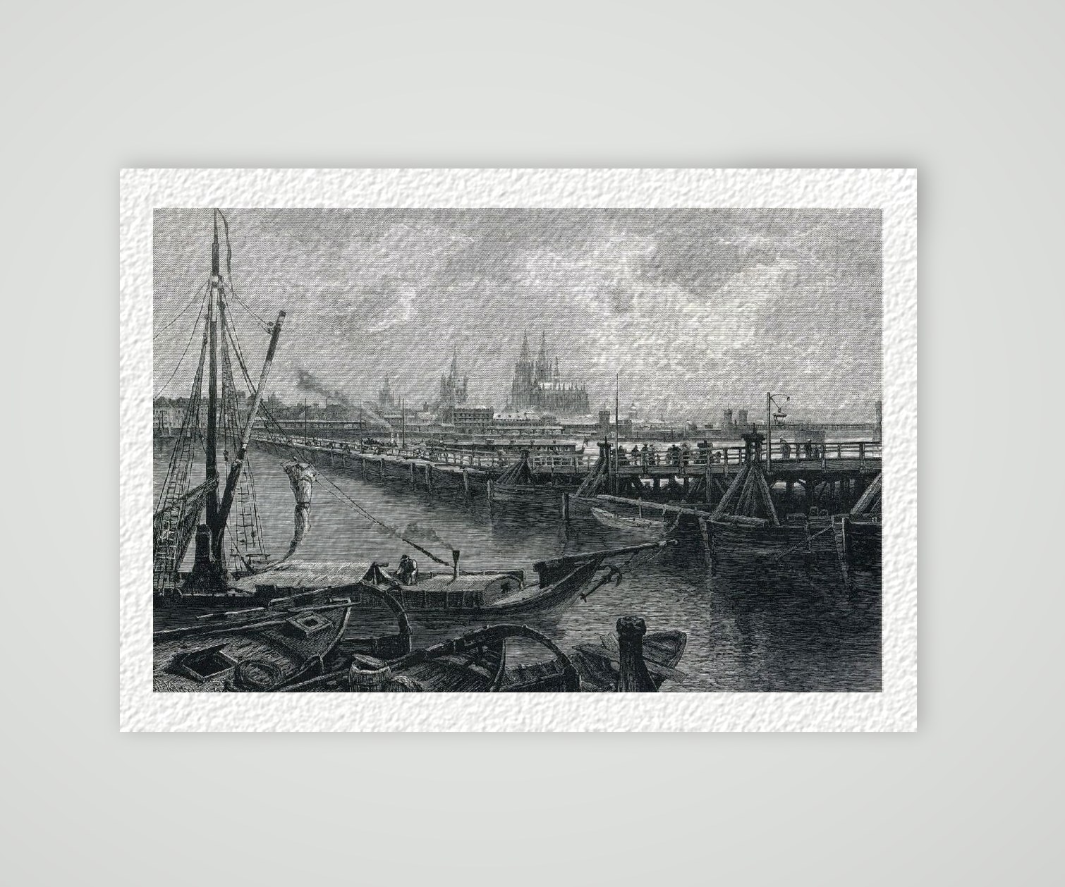 Köln Stadtansicht mit Deutzer Schiffbrücke ca. 30 x 42 cm (Holzstich, Kunstdruck) – Historischer Holzstich 1870 als Kunstdruck – auf Hahnemühle-Büttenpapier