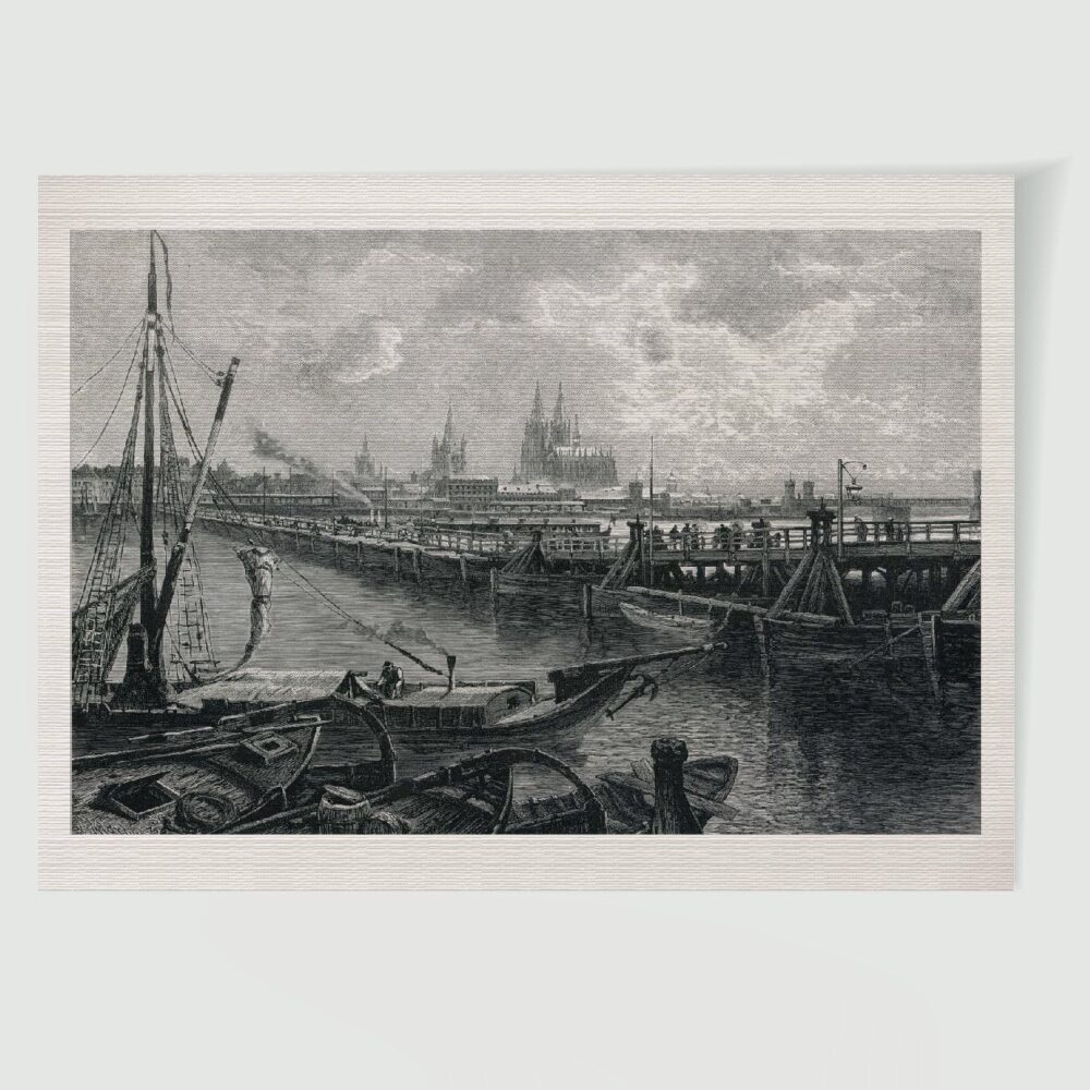 Köln Stadtansicht mit Deutzer Schiffbrücke ca. 30 x 42 cm (Holzstich, Kunstdruck) – Historischer Holzstich 1870 als Kunstdruck
