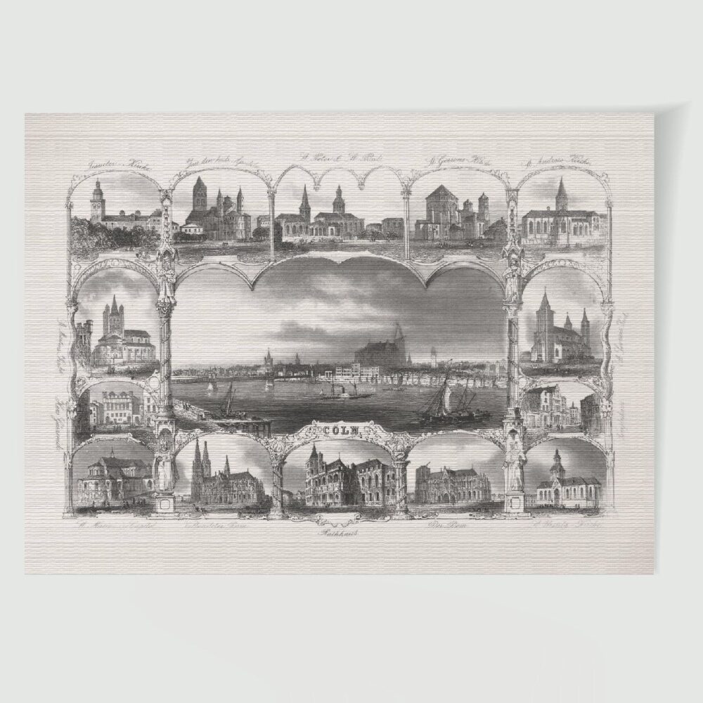 Köln Stadtansicht Souvenirblatt ca. 30 x 42 cm (Stahlstich, Kunstdruck) – Historischer Stahlstich 1860 als Kunstdruck