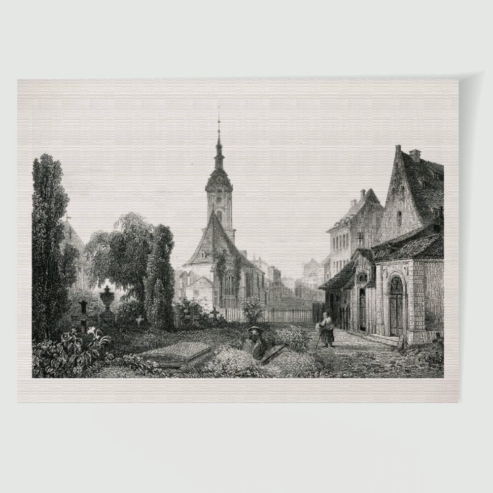 Leipzig Johanniskirchhof mit Kirchhof – Historischer Stich 1850 als Kunstdruck
