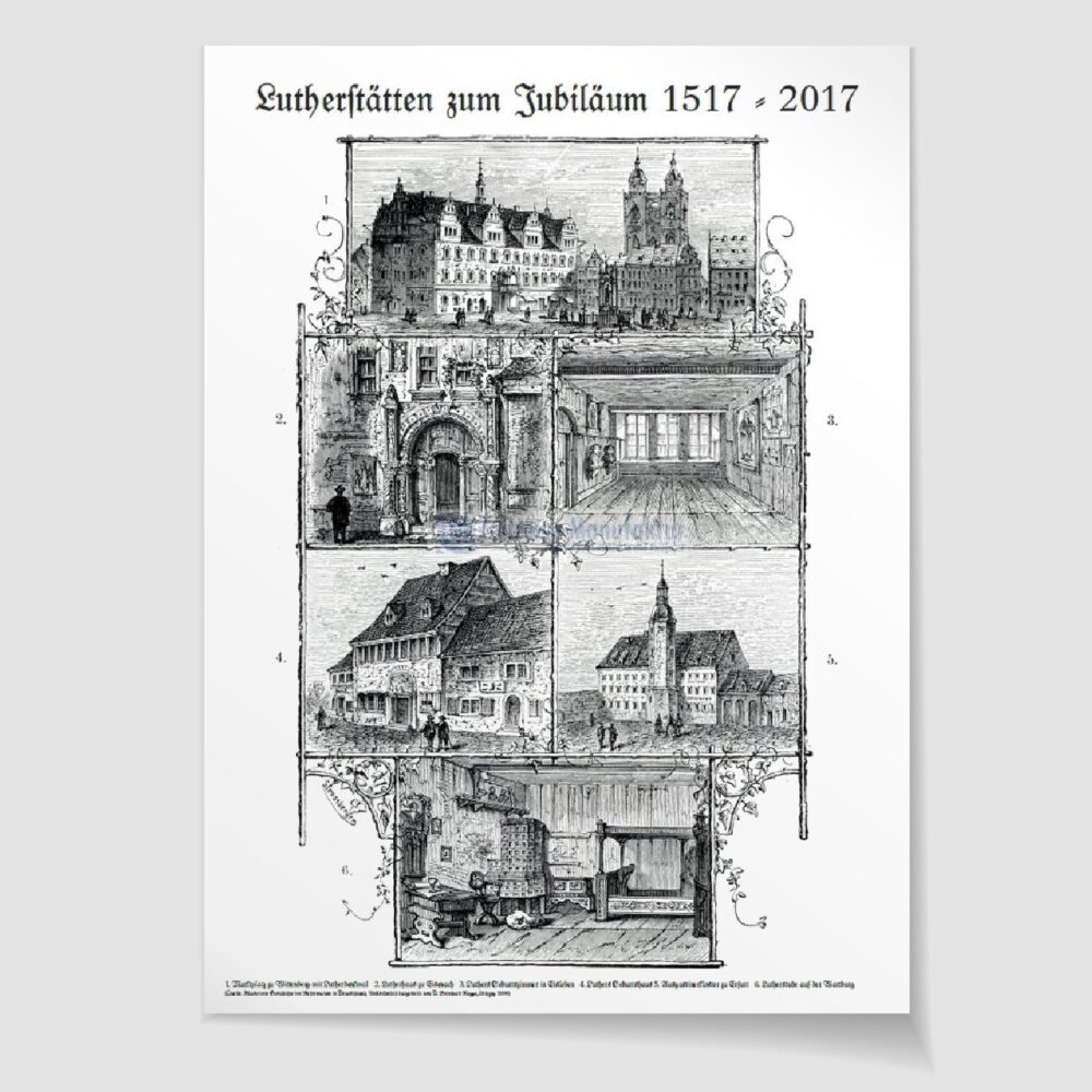Martin Luther Wartburg u.a. Lutherstätten Plakatdruck ca. 70 x 50 cm (Stahlstich) – Detailansicht, historischer Kupferstich 1850 als Kunstdruck