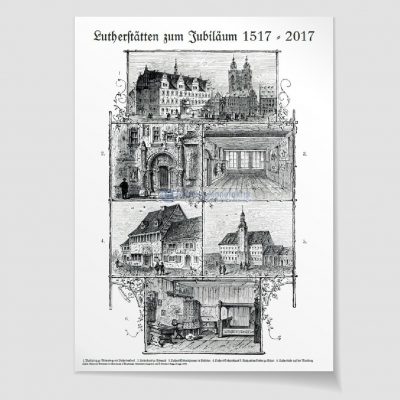 Martin Luther Wartburg u.a. Lutherstätten Plakatdruck ca. 70 x 50 cm (Stahlstich)