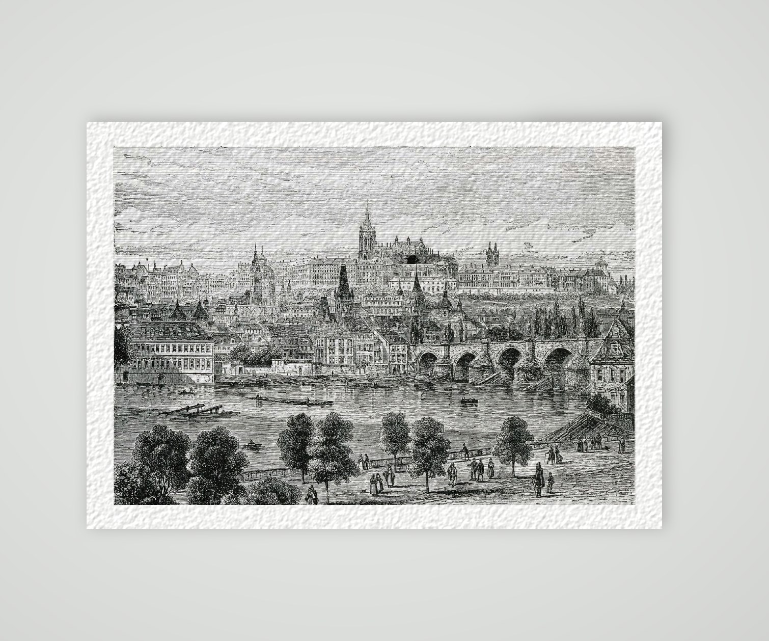 Prag Kleinseite Hradschin u. Karlsbrücke ca. 30 x 42 cm (Stahlstich, Kunstdruck) – Historischer Stich 19. Jh. als Kunstdruck – auf Hahnemühle-Büttenpapier