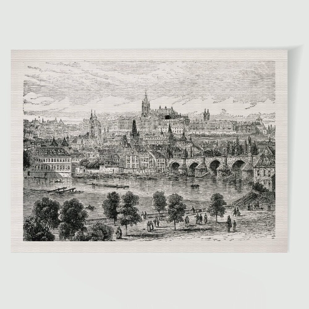 Prag Kleinseite Hradschin u. Karlsbrücke ca. 30 x 42 cm (Stahlstich, Kunstdruck) – Historischer Stich 19. Jh. als Kunstdruck