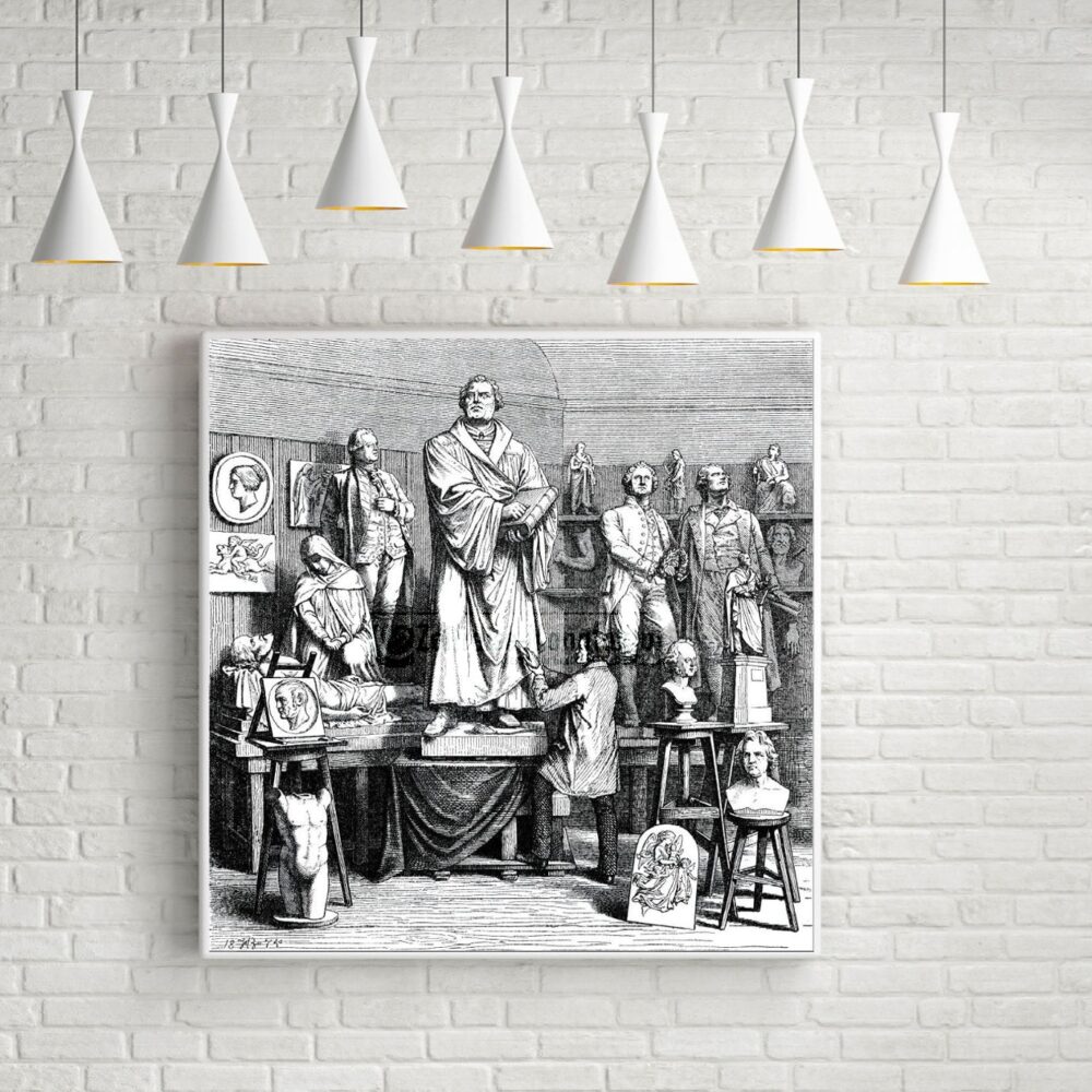 Rietschel im Atelier Abb. Martin Luther u.a. Leinwanddruck 80 x 80 cm – Detailansicht, historischer Stahlstich 1870 als Kunstdruck
