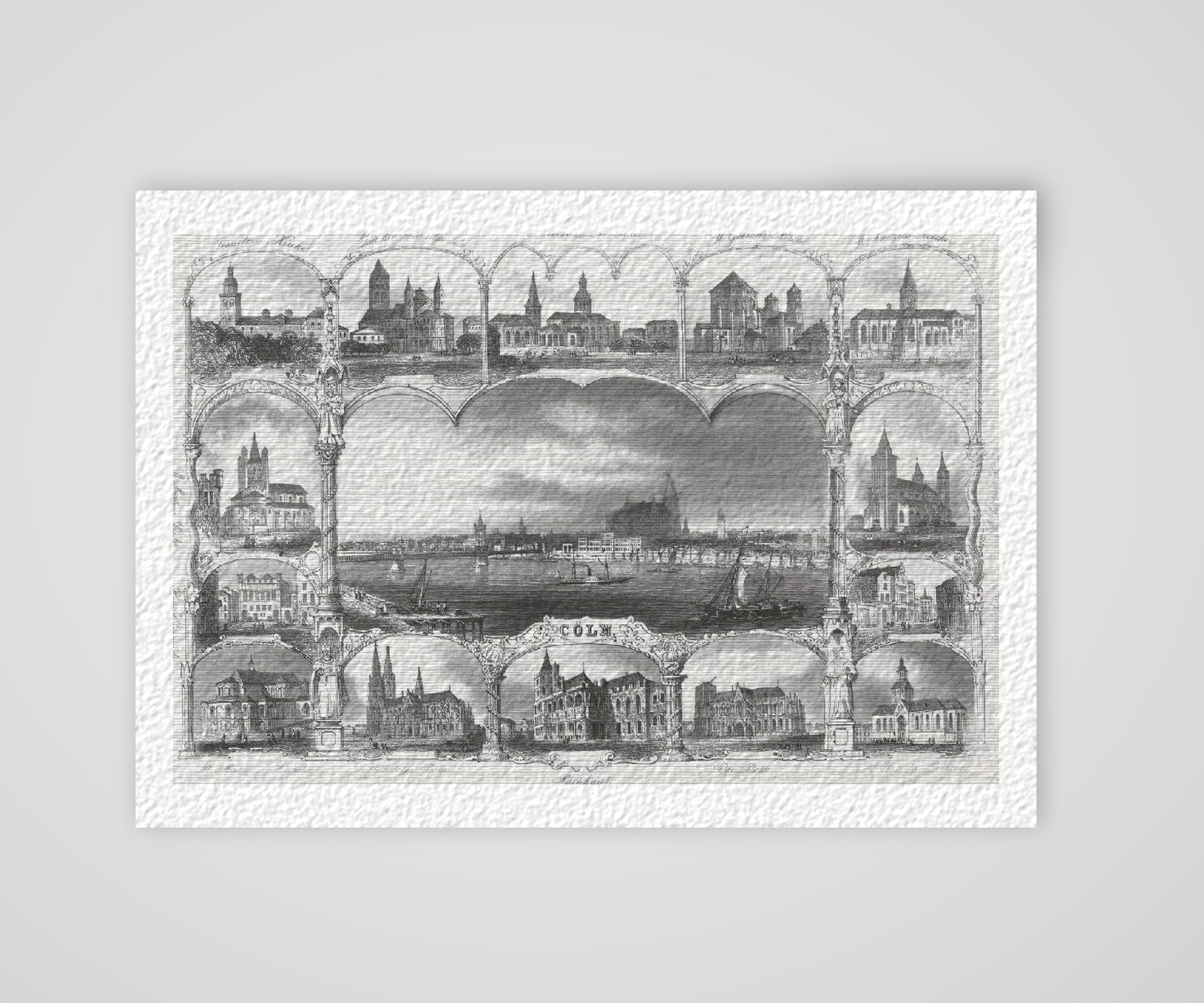 Köln Stadtansicht Souvenirblatt ca. 30 x 42 cm (Stahlstich, Kunstdruck) – Historischer Stahlstich 1860 als Kunstdruck – auf Hahnemühle-Büttenpapier