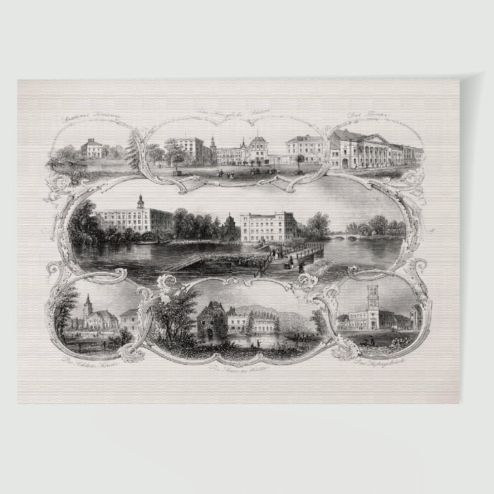 Dessau Stadtansicht Souvenirblatt ca. 30 x 42 cm (Stahlstich, Kunstdruck) – Historischer Stahlstich 1860 als Kunstdruck