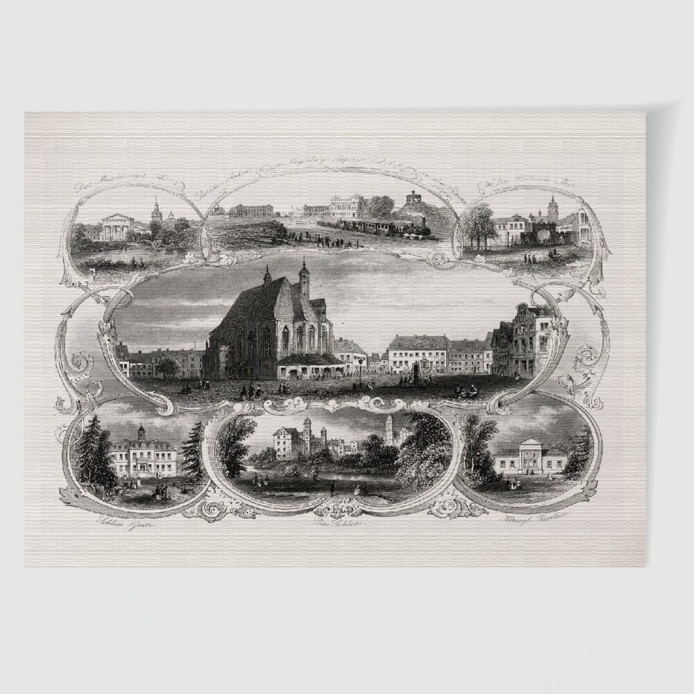 Köthen Stadtansicht Souvenirblatt ca. 30 x 42 cm (Stahlstich, Kunstdruck) – Historischer Stahlstich 1860 als Kunstdruck