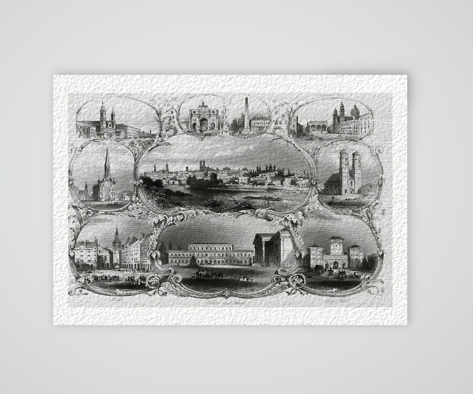 Münchner Stadtansicht Souvenirblatt II – Historischer Stahlstich 1860 als Kunstdruck – auf Hahnemühle-Büttenpapier