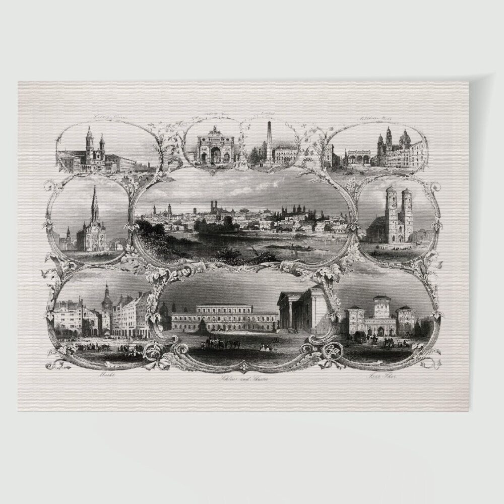 Münchner Stadtansicht Souvenirblatt II – Historischer Stahlstich 1860 als Kunstdruck