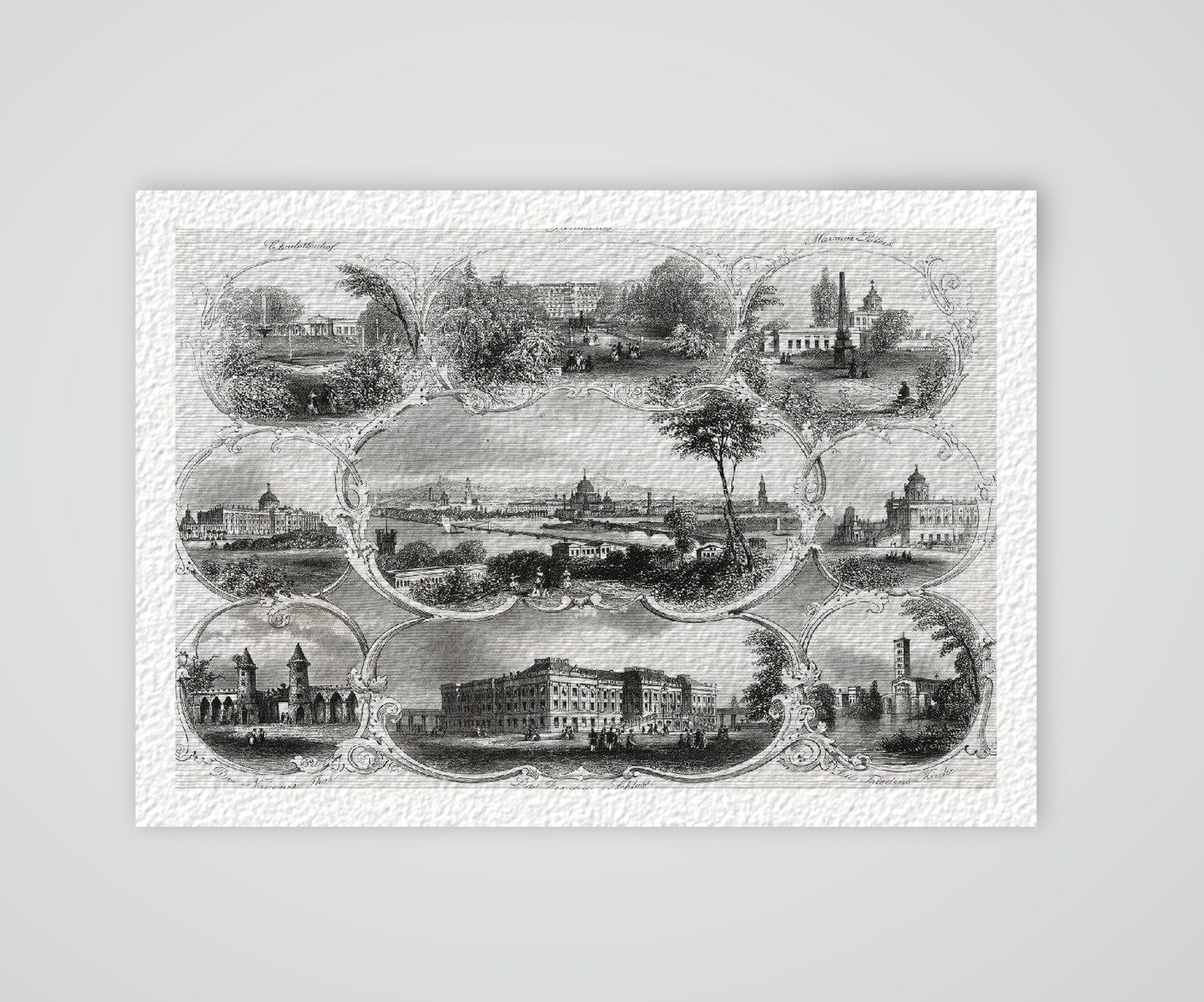 Potsdam Stadtansicht Souvenirblatt ca. 30 x 42 cm (Stahlstich, Kunstdruck) – Historischer Stahlstich 1860 als Kunstdruck – auf Hahnemühle-Büttenpapier