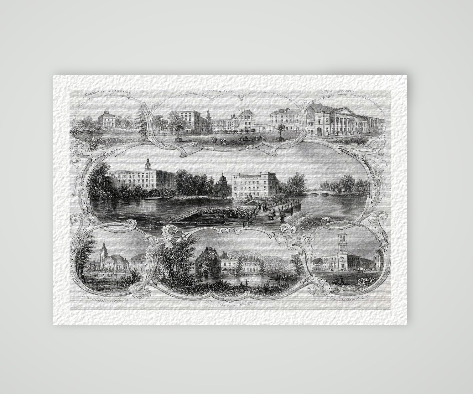 Dessau Stadtansicht Souvenirblatt ca. 30 x 42 cm (Stahlstich, Kunstdruck) – Historischer Stahlstich 1860 als Kunstdruck – auf Hahnemühle-Büttenpapier