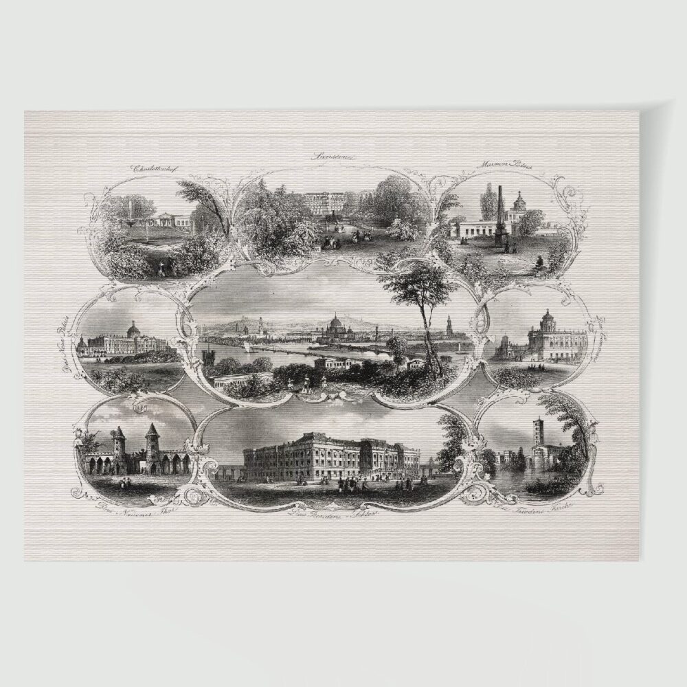 Potsdam Stadtansicht Souvenirblatt ca. 30 x 42 cm (Stahlstich, Kunstdruck) – Historischer Stahlstich 1860 als Kunstdruck