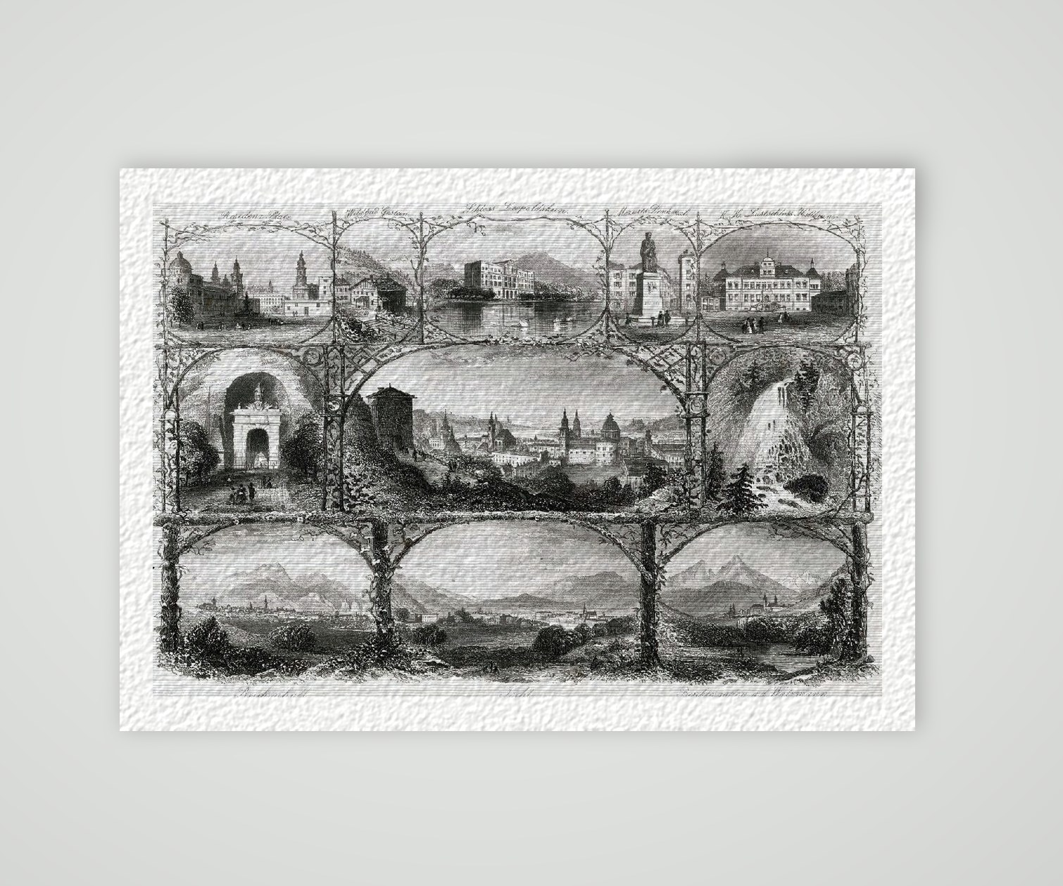 Salzburg Stadtansicht Souvenirblatt ca. 30 x 42 cm (Stahlstich, Kunstdruck) – Historischer Stahlstich 1860 als Kunstdruck – auf Hahnemühle-Büttenpapier