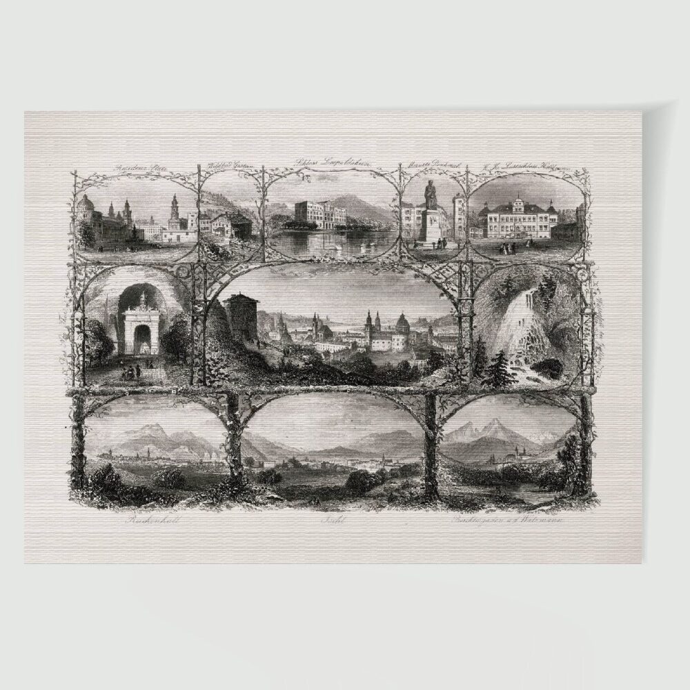 Salzburg Stadtansicht Souvenirblatt ca. 30 x 42 cm (Stahlstich, Kunstdruck) – Historischer Stahlstich 1860 als Kunstdruck