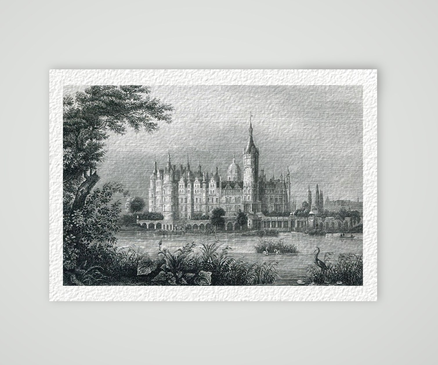 Schwerin Schloss mit Schweriner See ca. 30 x 42 cm (Stahlstich, Kunstdruck) – Historischer Stahlstich 1860 als Kunstdruck – auf Hahnemühle-Büttenpapier